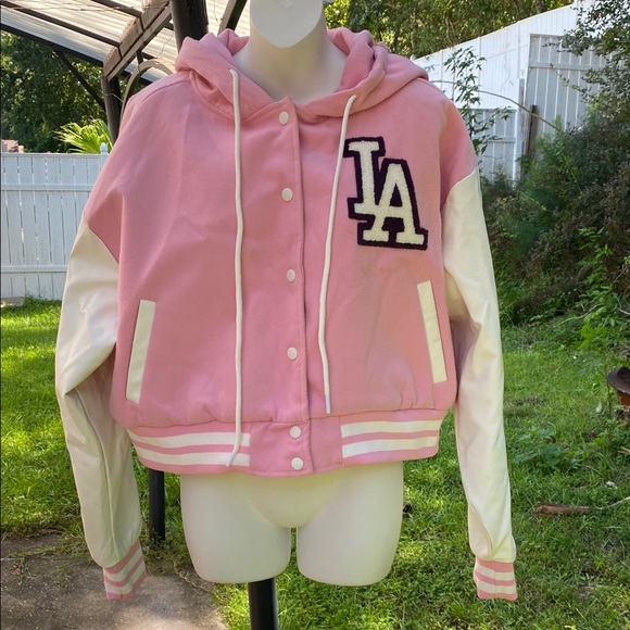 Jackets & Blazers - Varsity Crop Pink and White Los Angeles Hoodie Jacket Plus Size 3X